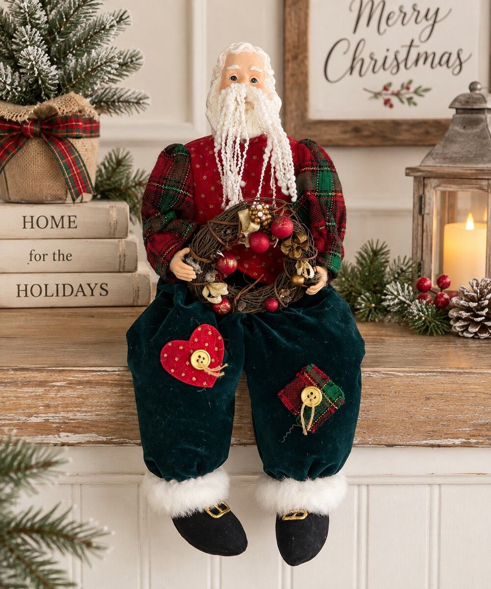 Vintage Christmas Santa Shelf Sitter Doll Holding Wreath Plaid Holiday Decor